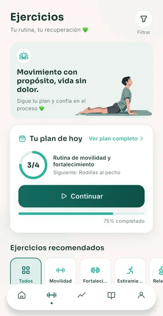 Pantalla de ejercicios de Discalia con la rutina guiada